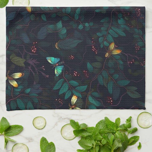 Glowing Insects on Dark Foliage Kitchen Towel (Folded)