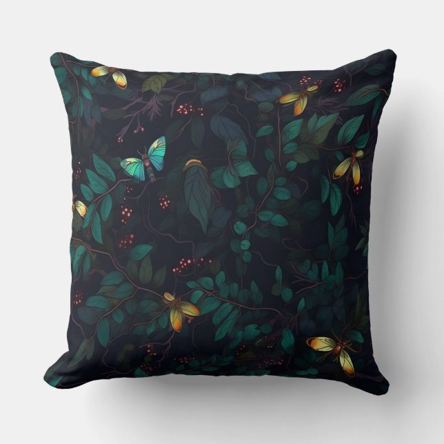 Glowing Insects on Dark Foliage Throw Pillow (Front)