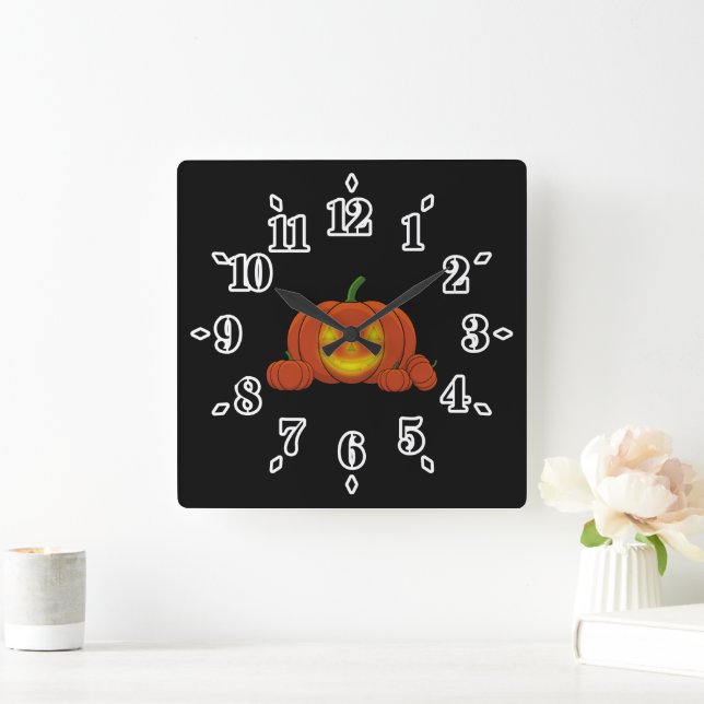 Glowing Jack-o'-Lantern Pumpkin Square Wall Clock (Home)