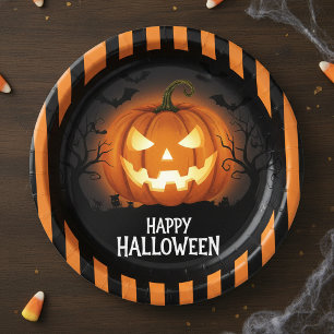 Glowing Jack-O'-Lantern Spooky Happy Halloween Paper Plate