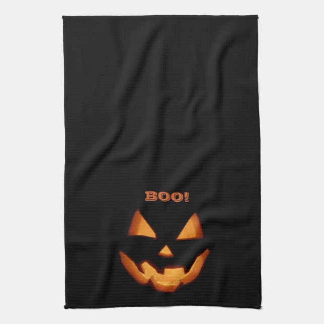 Glowing Jack O'Lantern Carved Halloween Scary Face Kitchen Towel (Vertical)