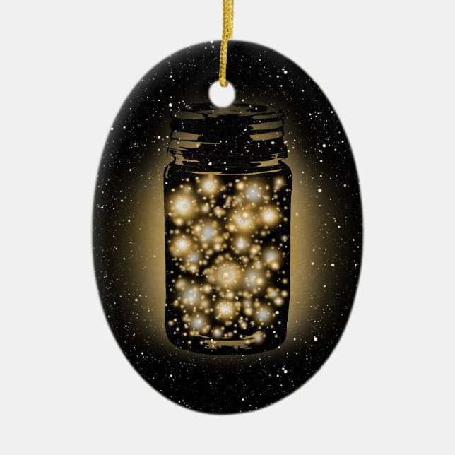 Glowing Jar Of Fireflies With Night Stars Ceramic Ornament (Front)