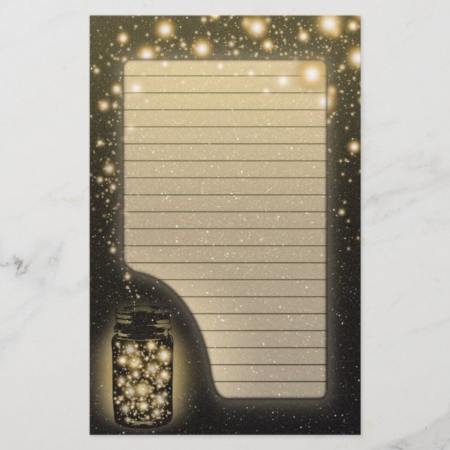 Glowing Jar Of Fireflies With Night Stars Lined Stationery (Front)