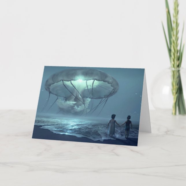 Glowing jellyfish cloud over ocean blue fantasy  card (Front)