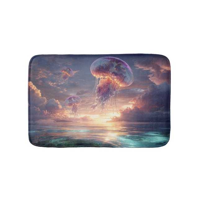Glowing Jellyfish in Sunset Skies Bath Mat (Front)