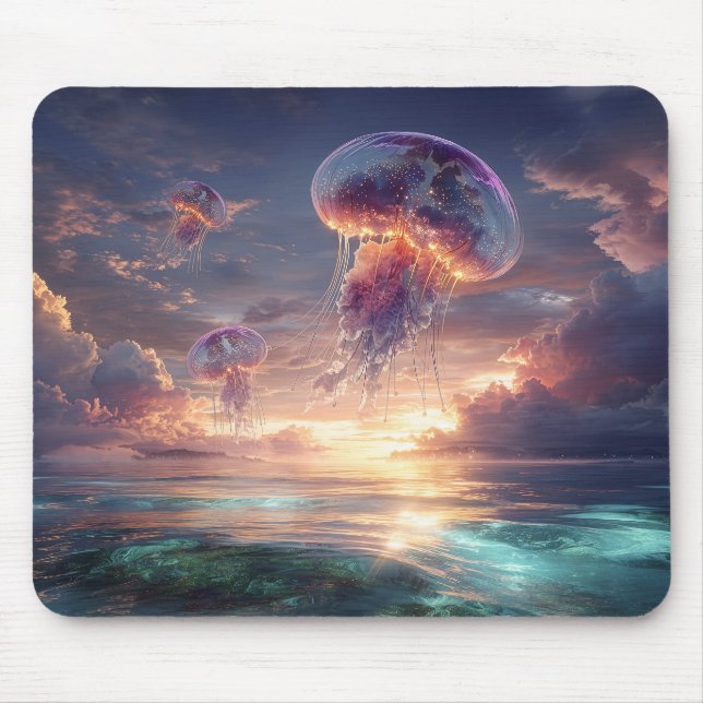 Glowing Jellyfish in Sunset Skies Mouse Pad (Front)