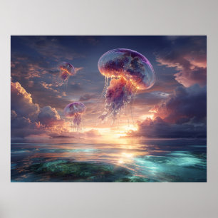 Glowing Jellyfish in Sunset Skies Poster