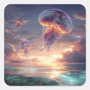 Glowing Jellyfish in Sunset Skies Square Sticker