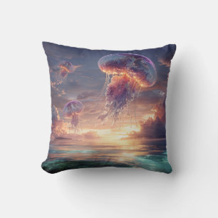 Glowing Jellyfish in Sunset Skies Throw Pillow