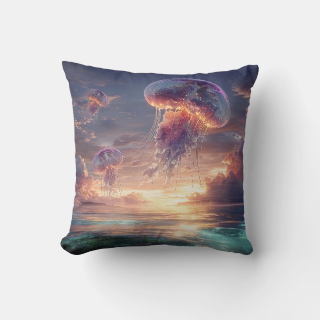 Glowing Jellyfish in Sunset Skies Throw Pillow (Front)