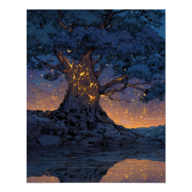 Glowing Lantern Tree Night Fantasy Art Poster (Front)