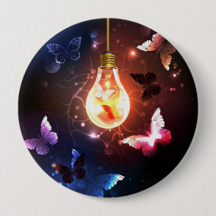 Glowing Light Bulb with Night Butterflies 4 Inch Round Button