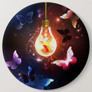 Glowing Light Bulb with Night Butterflies 6 Inch Round Button