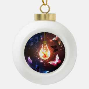 Glowing Light Bulb with Night Butterflies Ceramic Ball Christmas Ornament