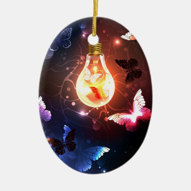Glowing Light Bulb with Night Butterflies Ceramic Ornament (Front)
