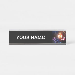 Glowing Light Bulb with Night Butterflies Desk Name Plate