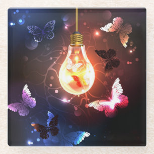 Glowing Light Bulb with Night Butterflies Glass Coaster