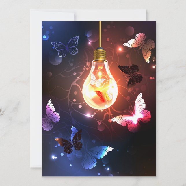 Glowing Light Bulb with Night Butterflies Holiday Card (Front)