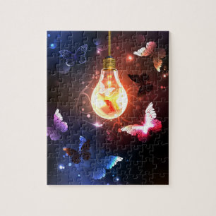 Glowing Light Bulb with Night Butterflies Jigsaw Puzzle