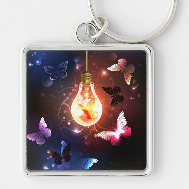 Glowing Light Bulb with Night Butterflies Keychain (Front)