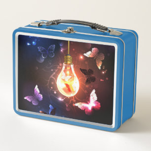 Glowing Light Bulb with Night Butterflies Metal Lunch Box
