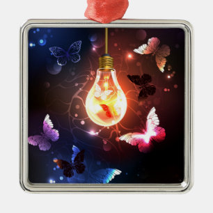 Glowing Light Bulb with Night Butterflies Metal Ornament