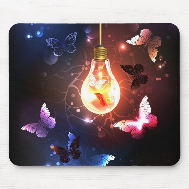 Glowing Light Bulb with Night Butterflies Mouse Pad (Front)