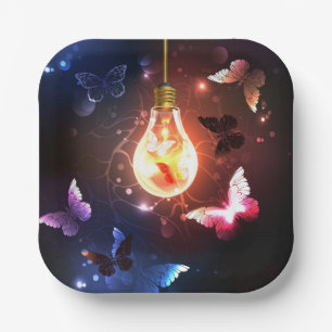 Glowing Light Bulb with Night Butterflies Paper Plate
