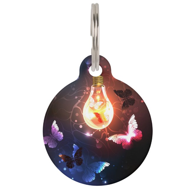 Glowing Light Bulb with Night Butterflies Pet Tag (Front)