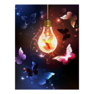 Glowing Light Bulb with Night Butterflies Poster