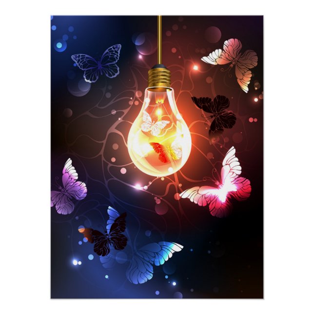 Glowing Light Bulb with Night Butterflies Poster (Front)