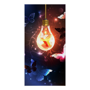 Glowing Light Bulb with Night Butterflies Poster