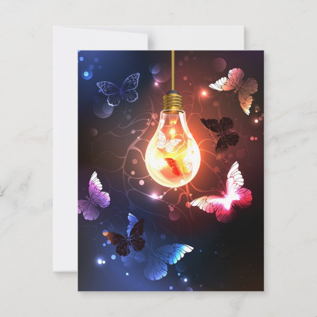 Glowing Light Bulb with Night Butterflies Save The Date (Front)