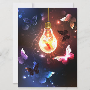 Glowing Light Bulb with Night Butterflies Save The Date