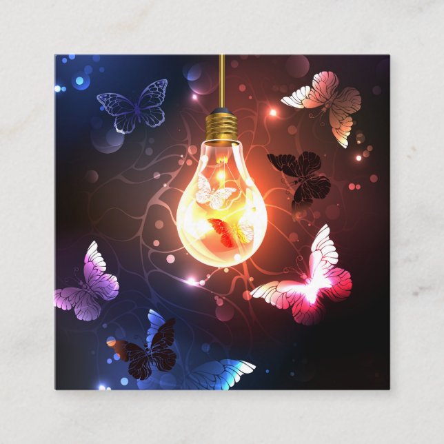 Glowing Light Bulb with Night Butterflies Square Business Card (Front)