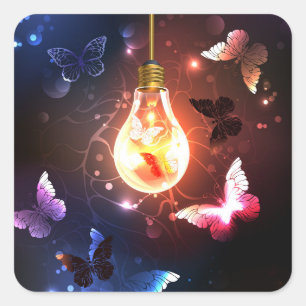 Glowing Light Bulb with Night Butterflies Square Sticker