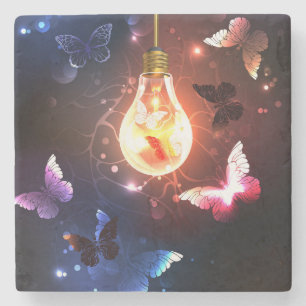 Glowing Light Bulb with Night Butterflies Stone Coaster