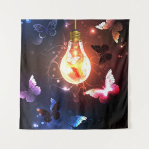 Glowing Light Bulb with Night Butterflies Tapestry