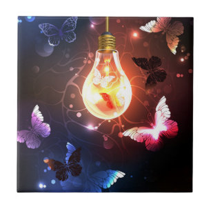 Glowing Light Bulb with Night Butterflies Tile