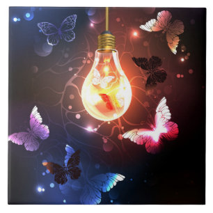 Glowing Light Bulb with Night Butterflies Tile