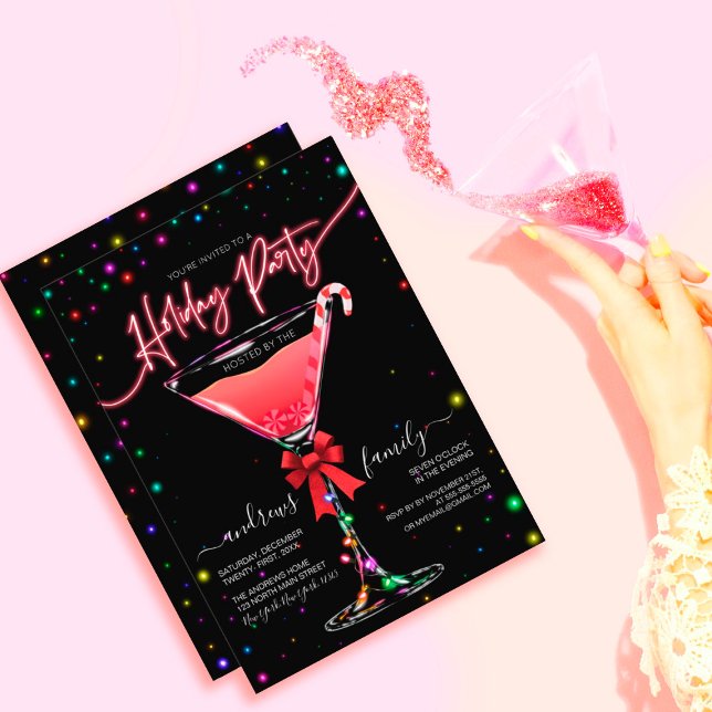 Glowing Light Christmas Candy Cane Martini Holiday Invitation (Creator Uploaded)