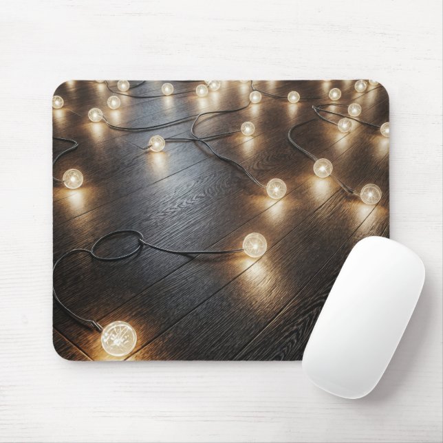 Glowing Light String On a Wood Floor Mouse Pad (With Mouse)