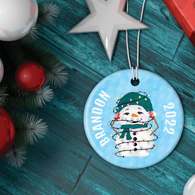 Glowing Lights Winter Wonders Snowman Christmas Ceramic Ornament (Creator Uploaded)