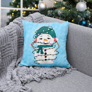 Glowing Lights Winter Wonders Snowman Christmas Throw Pillow