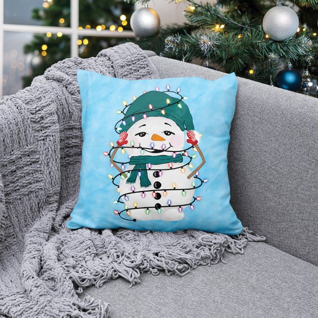 Glowing Lights Winter Wonders Snowman Christmas Throw Pillow (Creator Uploaded)