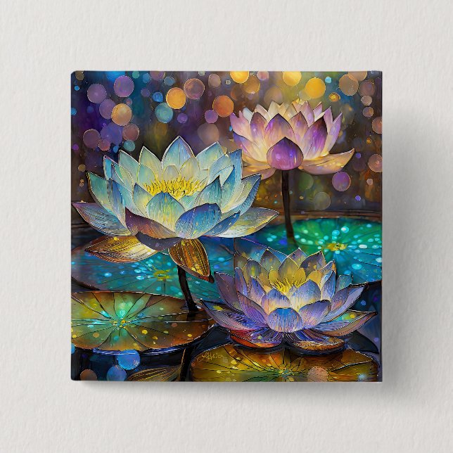 Glowing Lotus Flowers Trio 2 Inch Square Button (Front)