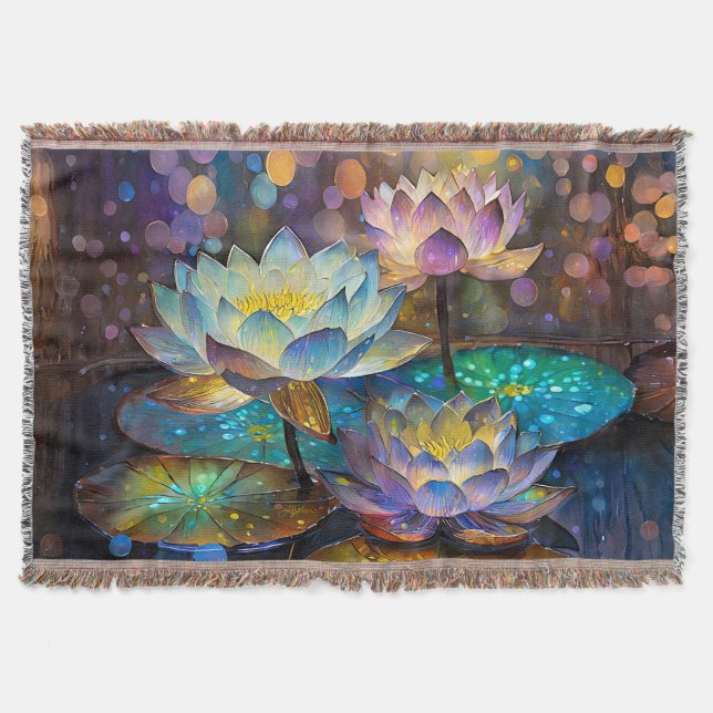 Glowing Lotus Flowers Trio Throw Blanket (Front)