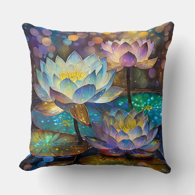 Glowing Lotus Flowers Trio Throw Pillow (Front)