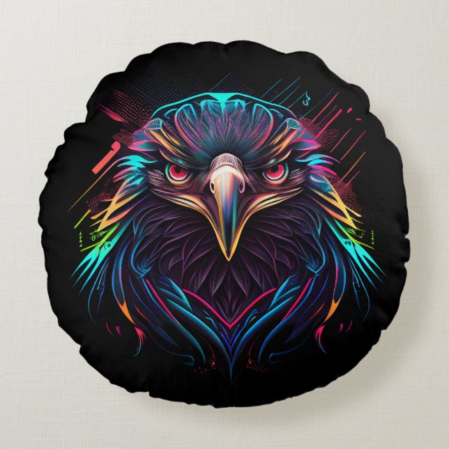 Glowing Luminous Neon Eagle Artistic Round Pillow (Front)