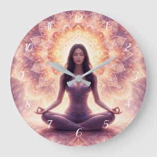 Glowing Mandala Meditation Woman Custom Name Large Clock